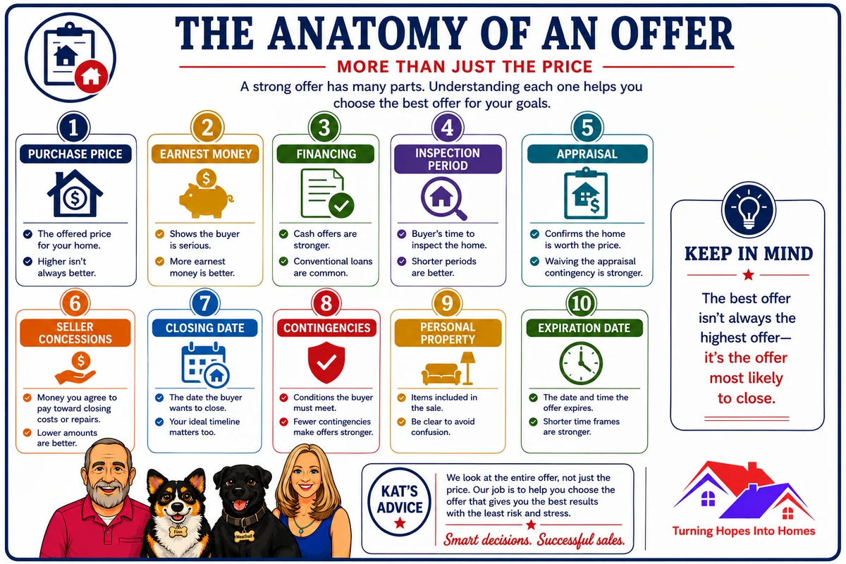 The Anatomy of an Offer: ten important parts of an offer, including purchase price, earnest money, financing, inspection period, appraisal, seller concessions, closing date, contingencies, personal property, and expiration date.