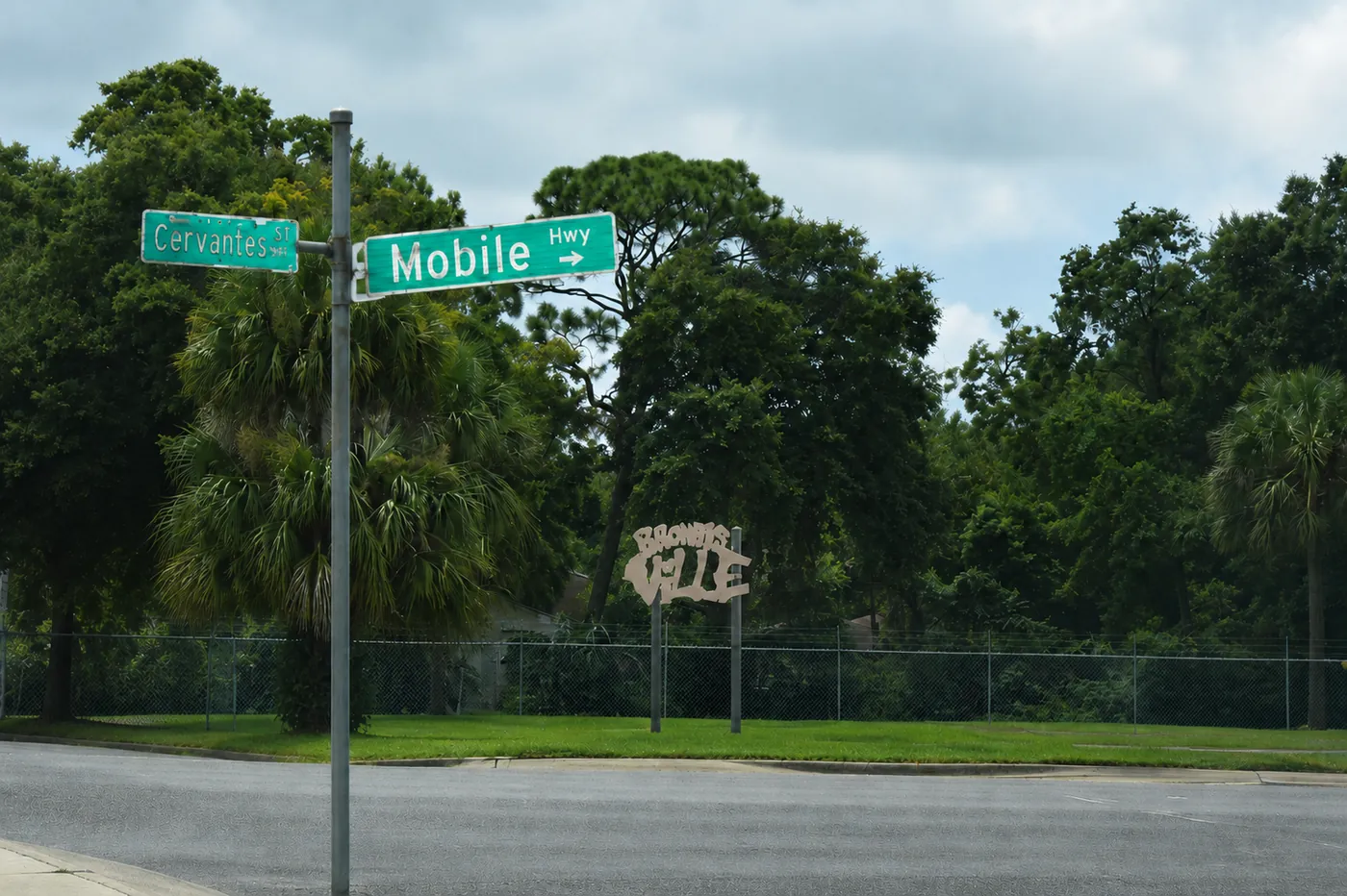 Brownsville neighborhood sign near Cervantes Street and Mobile Highway in Pensacola